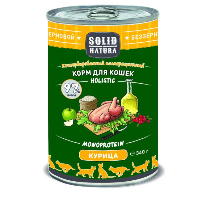 Solid Natura Holistic влажный корм для взрослых кошек с курицей, в консервах - 340 г х 6 шт