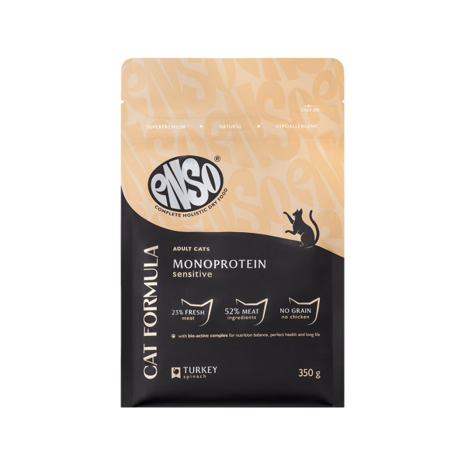 ENSO Cat Formula Monoprotein сухой корм для взрослых кошек с чувствительным пищеварением со свежей индейкой и добавлением шпината - 350 г