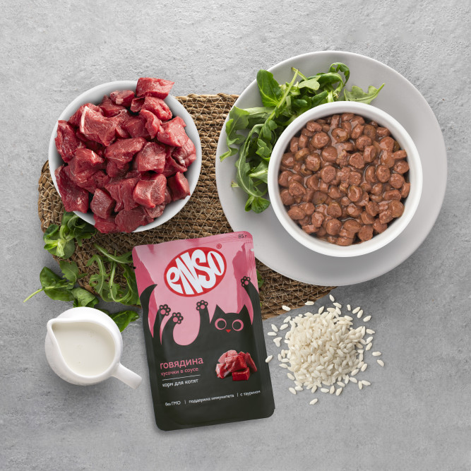 ENSO влажный корм для котят, кусочки в соусе с говядиной, в паучах - 85 г х 24 шт