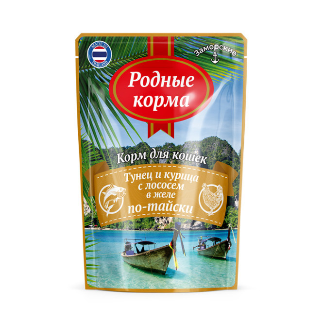 Родные Корма влажный корм для взрослых кошек "Заморские паучи" тунец и курица с лососем в желе по-тайски - 70 г х 24 шт