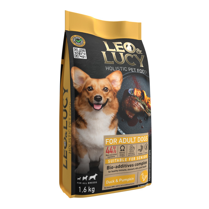 LEO&amp;LUCY сухой холистик корм для взрослых и пожилых собак всех пород с уткой и тыквой -1,6 кг