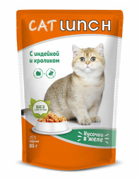 Cat Lunch влажный корм для взрослых кошек кусочки в желе с индейкой и кроликом, в паучах - 85 г х 24 шт