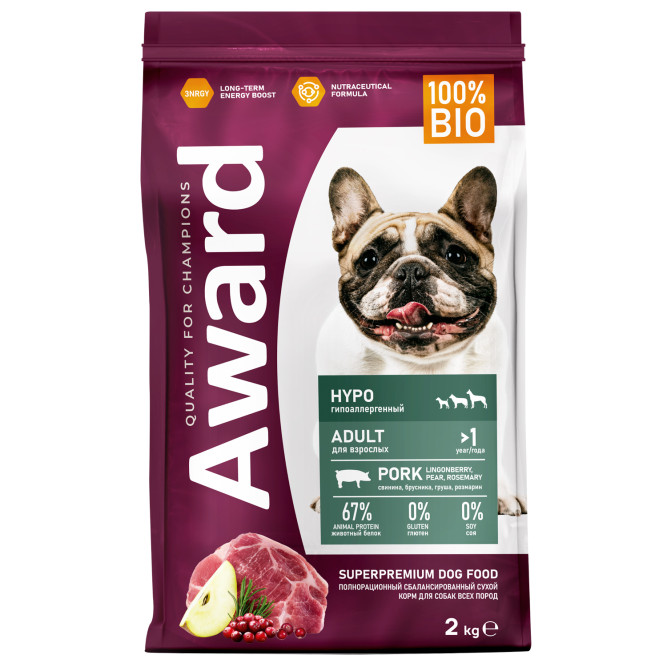 AWARD HYPO сухой корм для взрослых собак всех пород со свининой с добавлением брусники, груши и розмарина - 2 кг