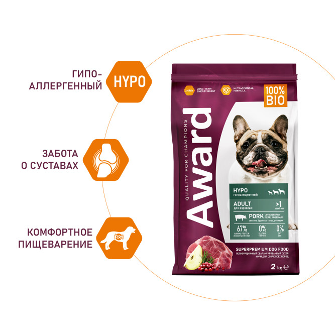 AWARD HYPO сухой корм для взрослых собак всех пород со свининой с добавлением брусники, груши и розмарина - 2 кг