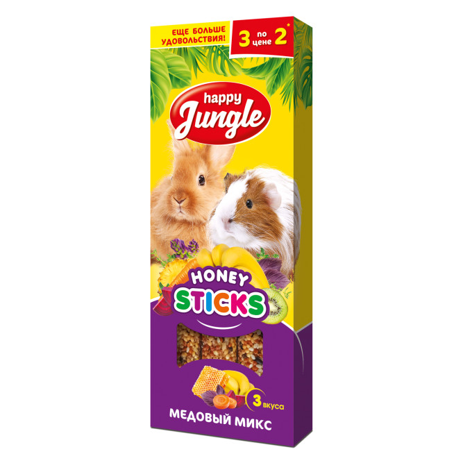 Happy Jungle лакомство для крупных грызунов, палочки, медовый микс - 3 шт