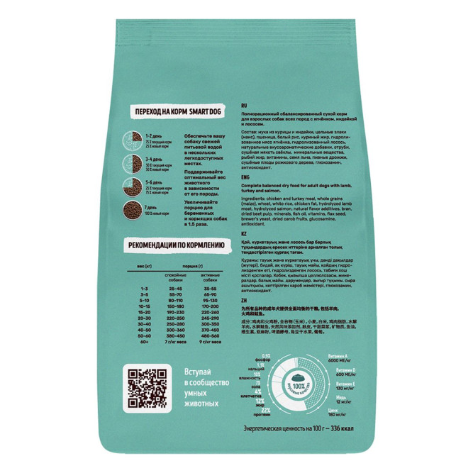 Smart Dog сухой корм для взрослых собак всех пород, с ягненком, лососем, индейкой - 800 г