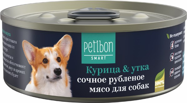 Petibon Smart влажный корм для взрослых собак, рубленое мясо с курицей и уткой, в консервах - 100 г х 24 шт