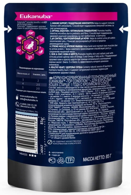 Влажный корм Eukanuba Adult Cat для кошек с кроликом в соусе - 85 г х 24 шт