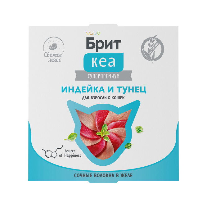 Брит Кеа влажный дополнительный корм для взрослых кошек с индейкой и тунцом, волокна в желе, в ламистерах - 75 г х 12 шт