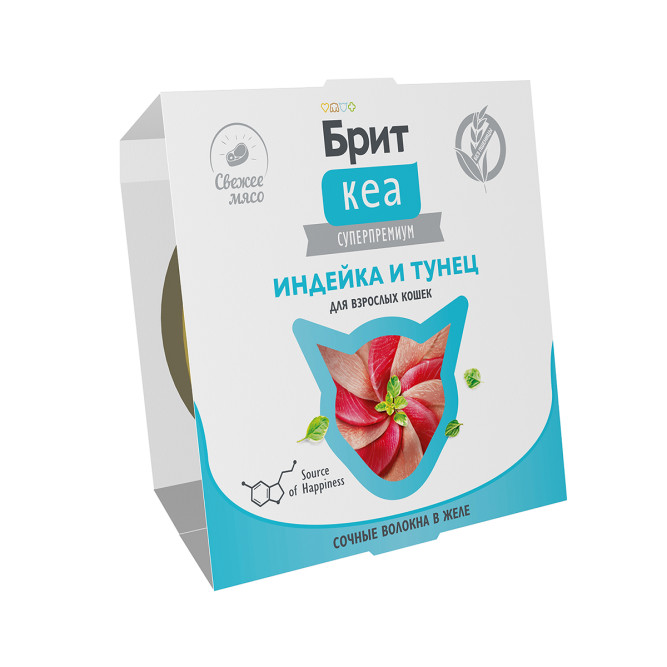 Брит Кеа влажный дополнительный корм для взрослых кошек с индейкой и тунцом, волокна в желе, в ламистерах - 75 г х 12 шт