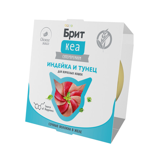 Брит Кеа влажный дополнительный корм для взрослых кошек с индейкой и тунцом, волокна в желе, в ламистерах - 75 г х 12 шт
