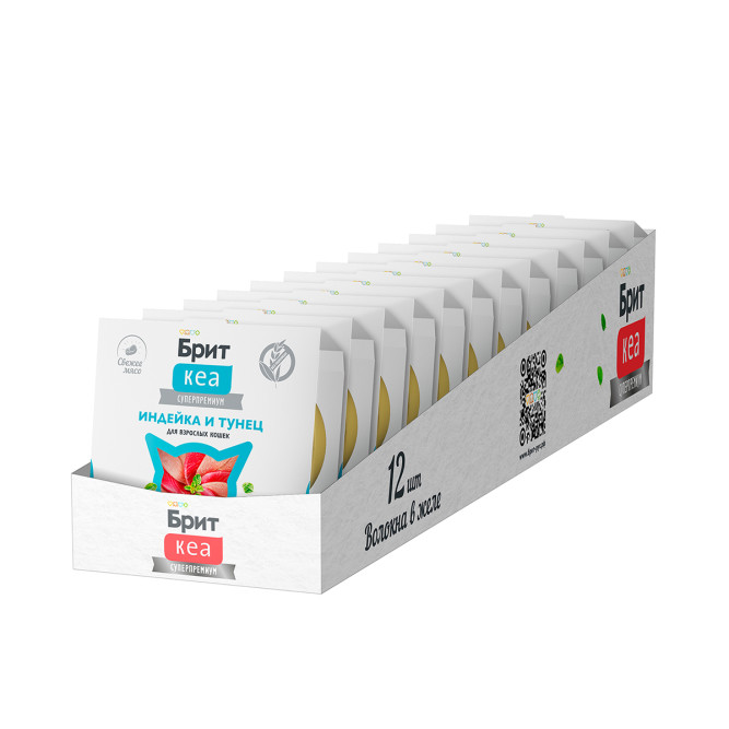 Брит Кеа влажный дополнительный корм для взрослых кошек с индейкой и тунцом, волокна в желе, в ламистерах - 75 г х 12 шт