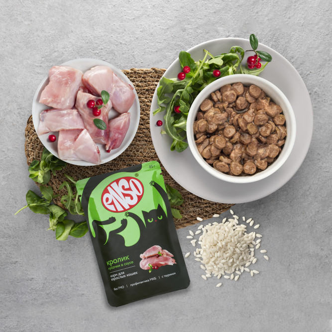 ENSO влажный корм для взрослых кошек, кусочки в соусе с кроликом, в паучах - 85 г х 24 шт