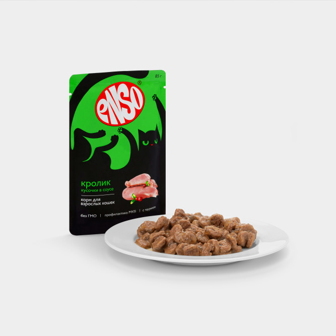ENSO влажный корм для взрослых кошек, кусочки в соусе с кроликом, в паучах - 85 г х 24 шт