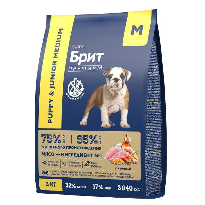 Брит Премиум Dog Puppy and Junior Medium сухой корм для щенков и молодых собак средних пород с курицей - 3 кг