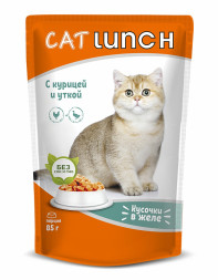 Cat Lunch влажный корм для взрослых кошек кусочки в желе с курицей и уткой, в паучах - 85 г х 24 шт