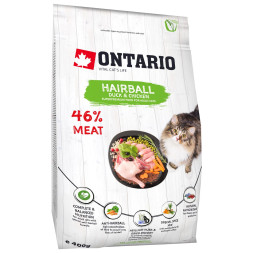 Ontario Cat Hairball сухой корм для взрослых кошек для выведения комков шерсти из желудка, с уткой и курицей - 400 г
