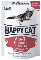 Happy Cat Adult влажный корм для взрослых кошек с кроликом, индейкой и морковью в паучах - 100 г (22 шт в уп)