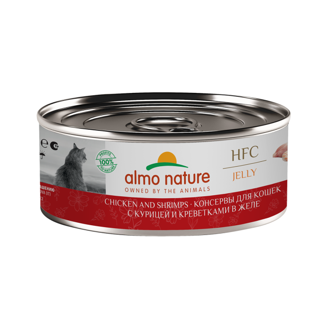 Almo Nature HFC Jelly Chicken and Shrimps влажный корм для взрослых кошек и котят с 3-х месяцев с курицей и креветками в желе, в консервах - 100 г х 12 шт