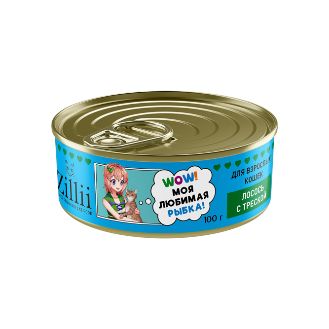 Zillii влажный корм для взрослых кошек с лососем и треской, в консервах - 100 г х 12 шт