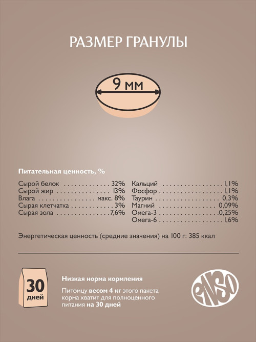 ENSO Cat Formula Monoprotein сухой корм для взрослых кошек с чувствительным пищеварением со свежей индейкой и добавлением шпината - 7 кг