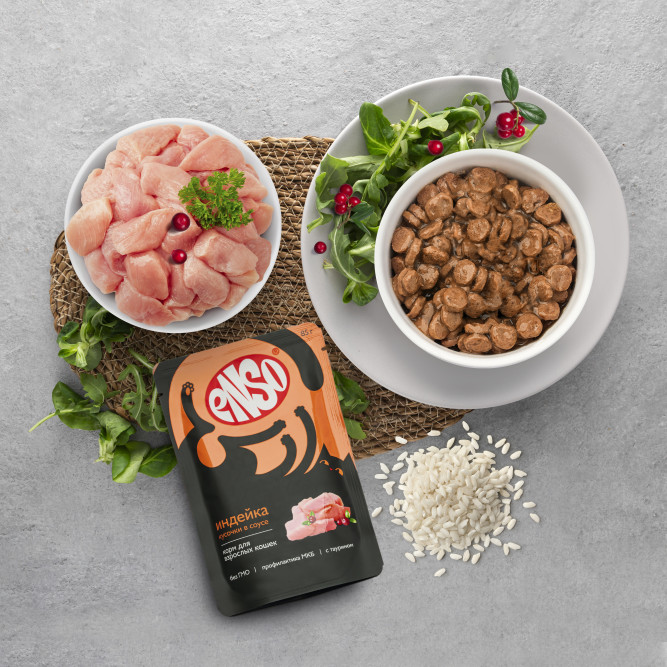 ENSO влажный корм для взрослых кошек, кусочки в соусе с индейкой, в паучах - 85 г х 24 шт