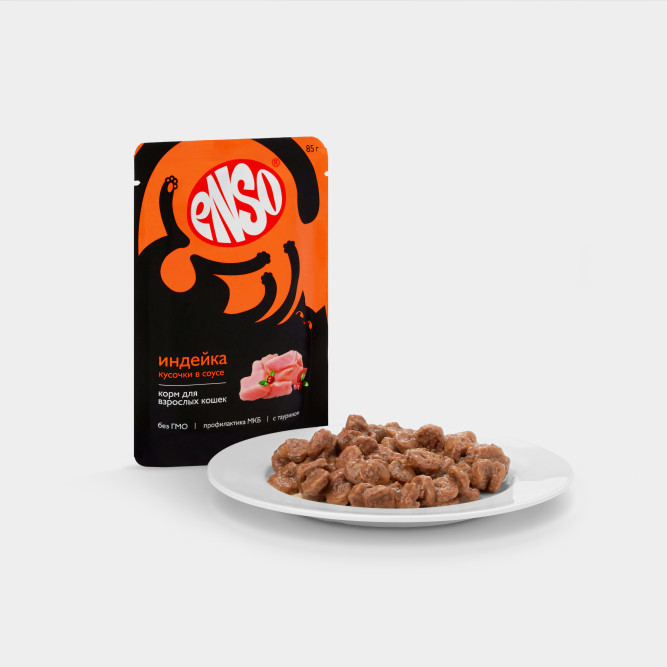 ENSO влажный корм для взрослых кошек, кусочки в соусе с индейкой, в паучах - 85 г х 24 шт
