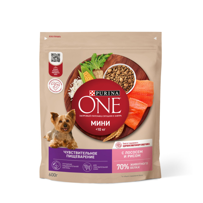 Purina ONE Мини сухой корм для собак мелких пород при чувствительном пищеварении с лососем - 600 г