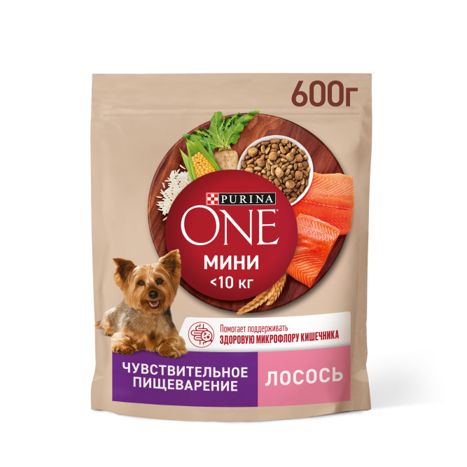 Purina ONE Мини сухой корм для собак мелких пород при чувствительном пищеварении с лососем - 600 г
