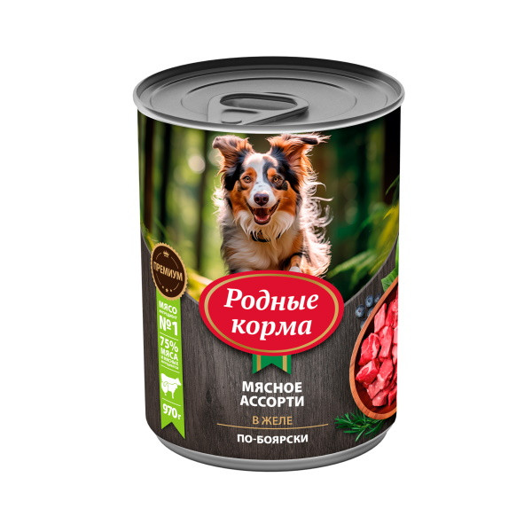 Родные Корма влажный корм для взрослых собак, мясное ассорти в желе по-боярски, в консервах - 970 г х 6 шт