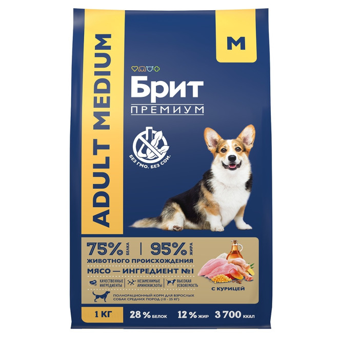 Брит Премиум Dog Adult Medium сухой корм для взрослых собак средних пород с курицей - 1 кг