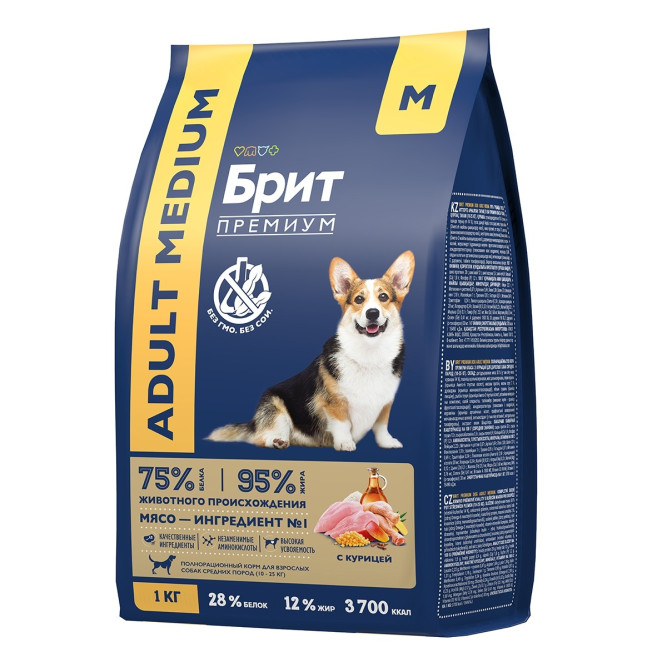 Брит Премиум Dog Adult Medium сухой корм для взрослых собак средних пород с курицей - 1 кг
