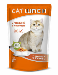 Cat Lunch влажный корм для взрослых кошек кусочки в желе с говядиной и морковью, в паучах - 85 г х 24 шт