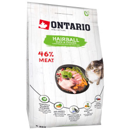Ontario Cat Hairball сухой корм для взрослых кошек для выведения комков шерсти из желудка, с уткой и курицей - 2 кг