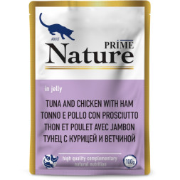 PRIME NATURE корм влажный для взрослых кошек с тунцом, курицей и ветчиной, в паучах, в желе - 100 г x 24 шт