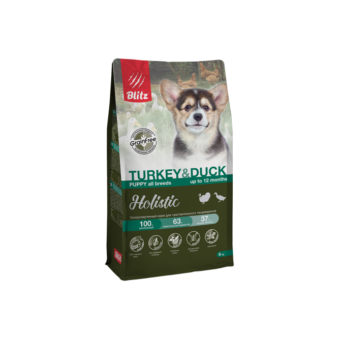 Blitz Holistic Puppy Turkey &amp; Duck сухой беззерновой корм для щенков всех пород, беременных и кормящих сук, при чувствительном пищеварении с индейкой и уткой - 8 кг
