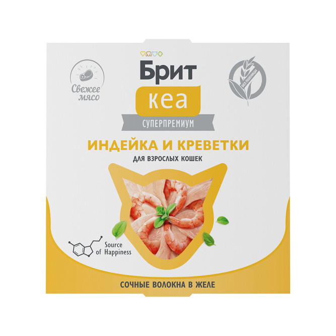 Брит Кеа влажный дополнительный корм для взрослых кошек с индейкой и креветками, волокна в желе, в ламистерах - 75 г х 12 шт