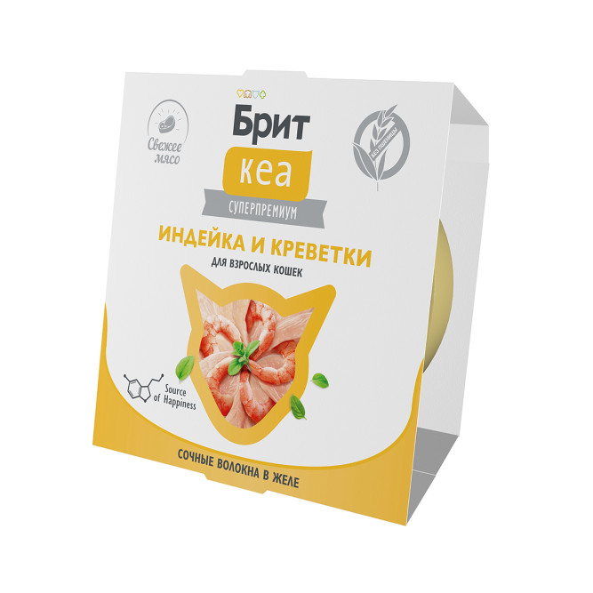 Брит Кеа влажный дополнительный корм для взрослых кошек с индейкой и креветками, волокна в желе, в ламистерах - 75 г х 12 шт