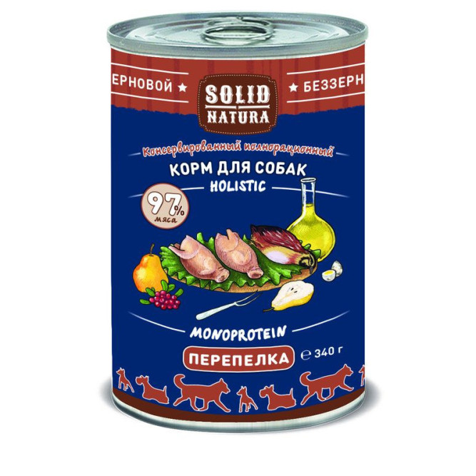 Solid Natura Holistic влажный корм для взрослых собак с перепелкой, в консервах - 340 г х 6 шт