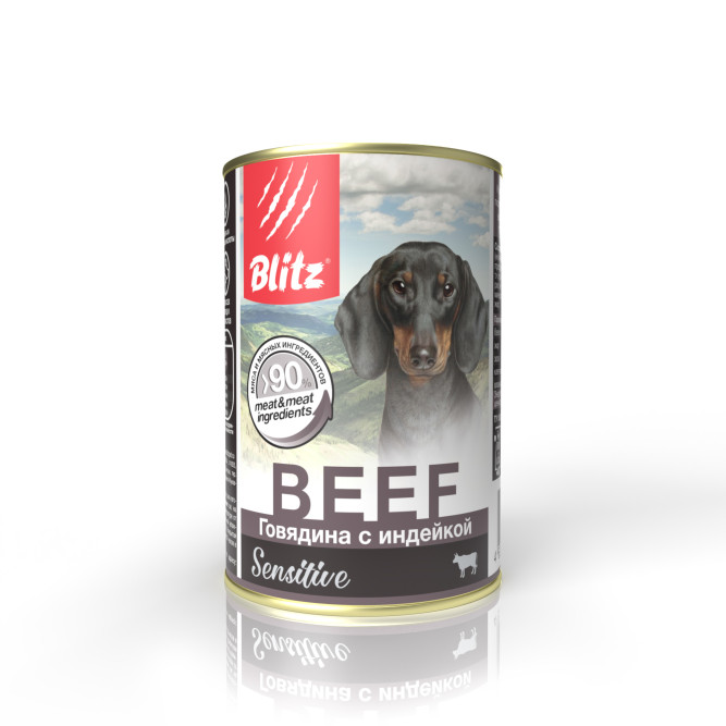 Blitz Sensitive Adult Dog влажный корм для взрослых собак, с говядиной и индейкой, в консервах - 400 г x 24 шт