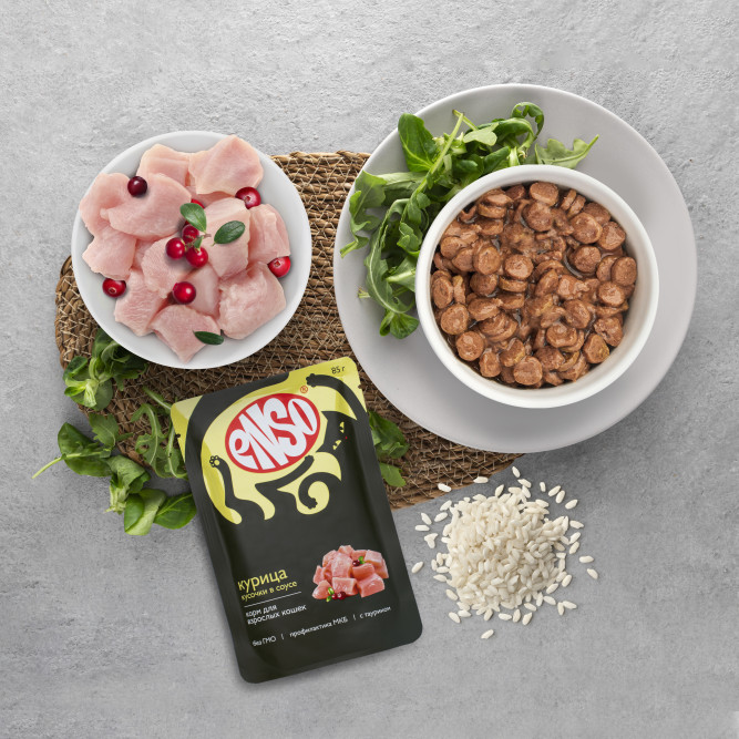 ENSO влажный корм для взрослых кошек, кусочки в соусе с курицей, в паучах - 85 г х 24 шт