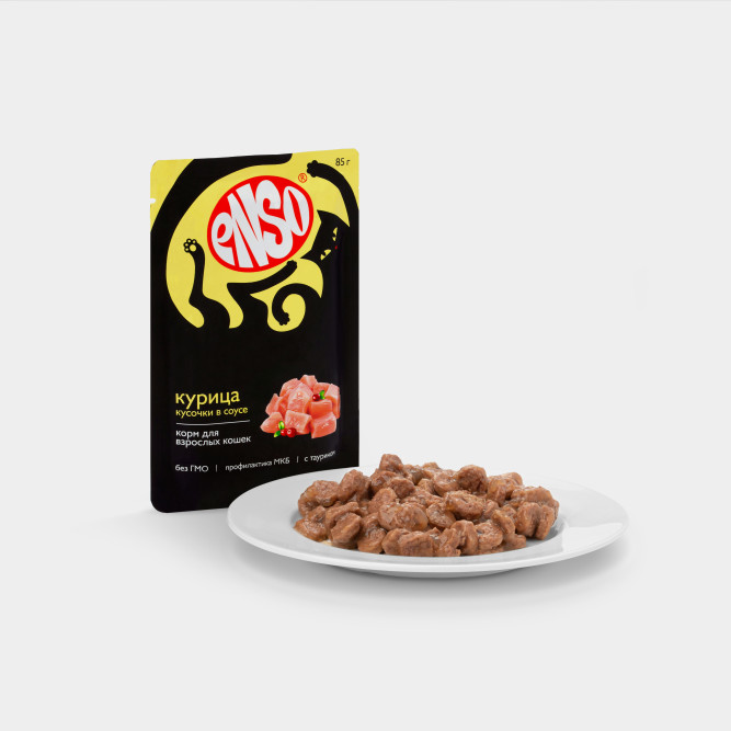 ENSO влажный корм для взрослых кошек, кусочки в соусе с курицей, в паучах - 85 г х 24 шт
