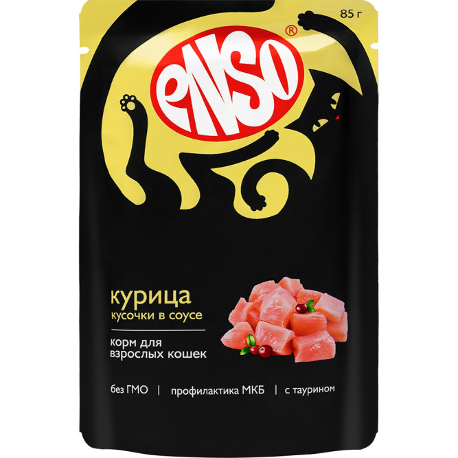 ENSO влажный корм для взрослых кошек, кусочки в соусе с курицей, в паучах - 85 г х 24 шт