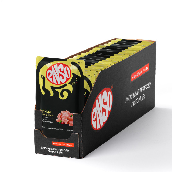 ENSO влажный корм для взрослых кошек, кусочки в соусе с курицей, в паучах - 85 г х 24 шт