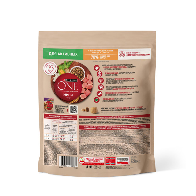 Purina ONE Мини сухой корм для собак мелких пород при активном образе жизни с курицей и рисом - 600 г
