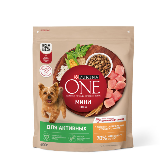 Purina ONE Мини сухой корм для собак мелких пород при активном образе жизни с курицей и рисом - 600 г