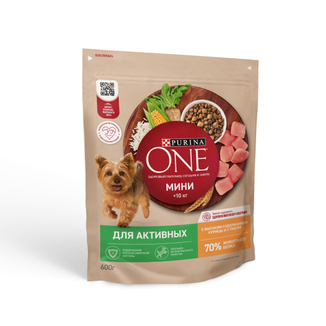 Purina ONE Мини сухой корм для собак мелких пород при активном образе жизни с курицей и рисом - 600 г
