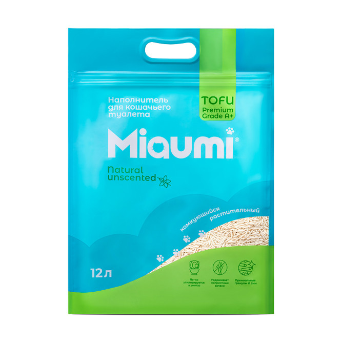 Miaumi TOFU Natural Unscented наполнитель комкующийся соевый для кошачьего туалета, без ароматизатора - 12 л (5 кг)