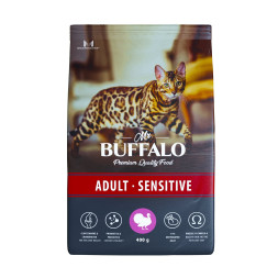Mr.Buffalo Adult Sensitive полнорационный сухой корм для взрослых котов и кошек с чувствительным пищеварением, с индейкой - 400 г
