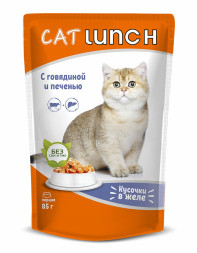Cat Lunch влажный корм для взрослых кошек кусочки в желе с говядиной и печенью, в паучах - 85 г х 24 шт